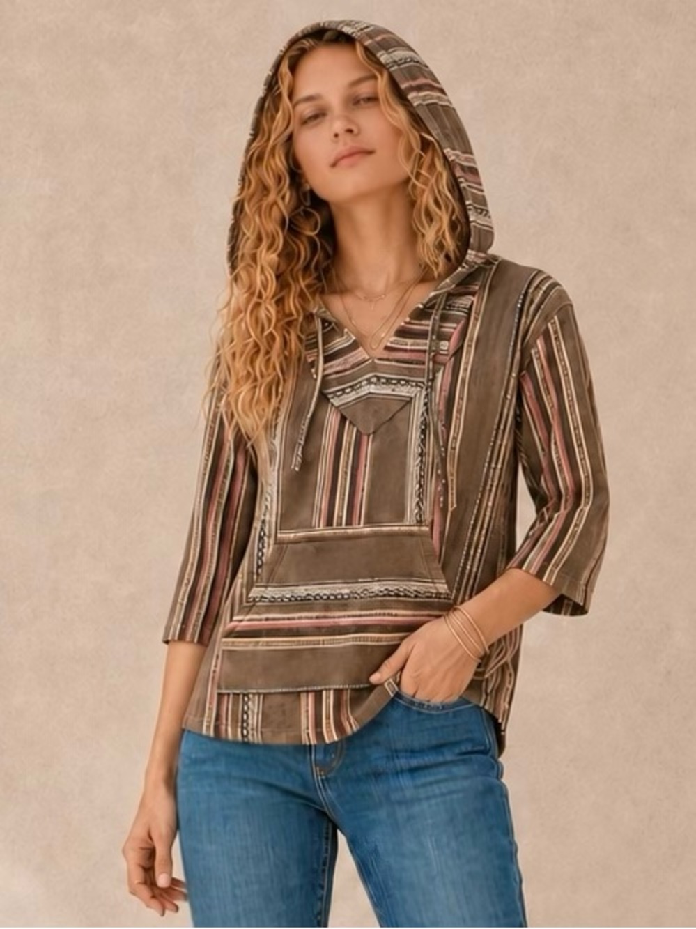 WallFlower Women’s Baja Boho Striped Lightweight Hoodie Size S NWT